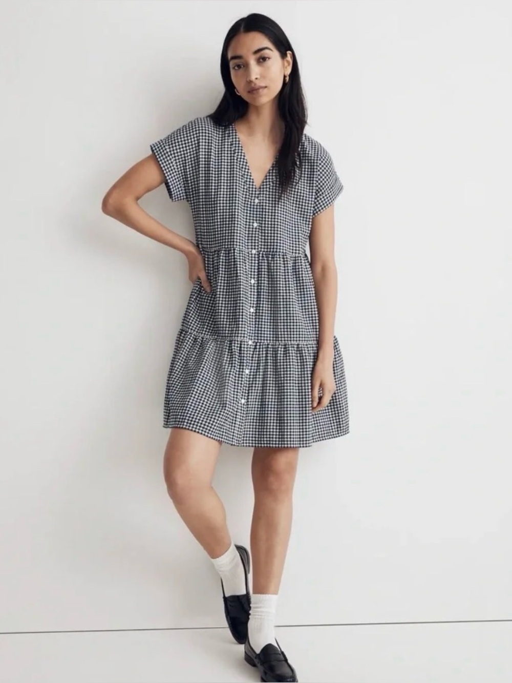 Madewell Cuff Sleeve Button Front Tiered Mini Dress Gingham Blue Size XXL